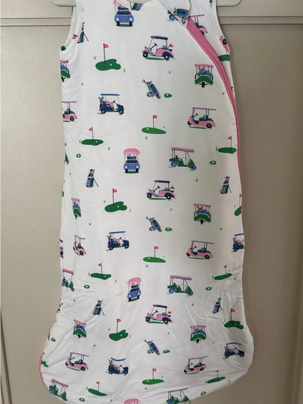 Angel Dear White Sleep Sack with Pink, Green and Blue Golf Cart Print
